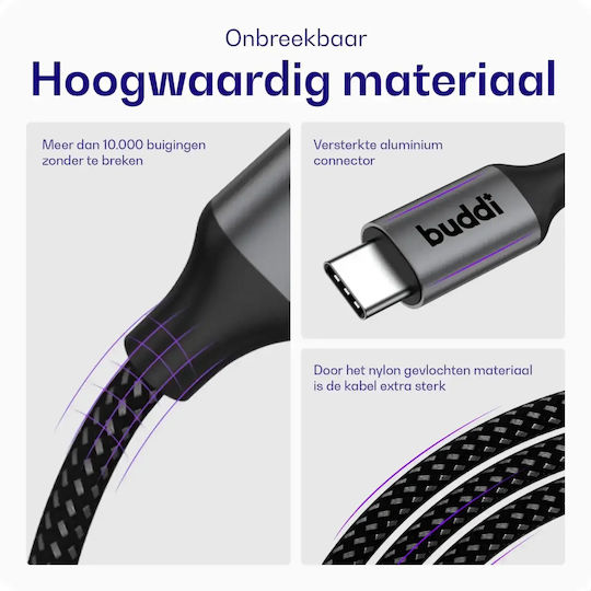 Buddi Гъвкав плетен кабел USB-C мъжки - USB-C 12W Черен 0.3m