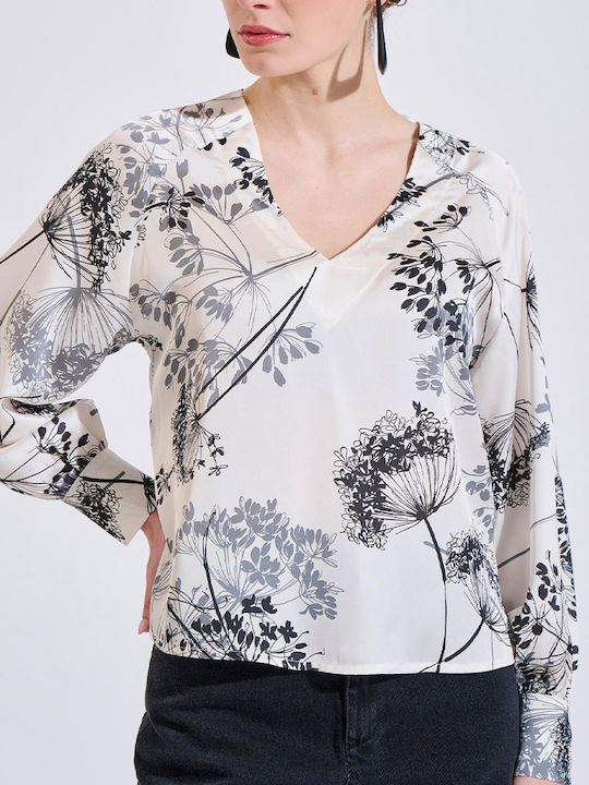 Women's Satin Long Sleeve Blouse with V Neckline Floral Ecru