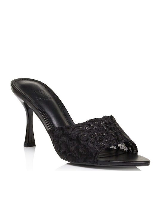 Satin Mules with Thin Heel in Black Colour