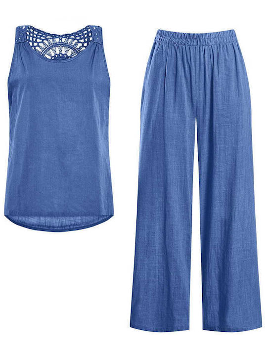 Celestino Set Women's Blouse Trousers Linen Loose Fit Blue