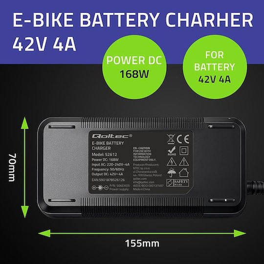 Зарядно Qoltec Електрически Велосипеди Скутери 36v/42v 4a 5.5x2.1cm Захранващ Кабел