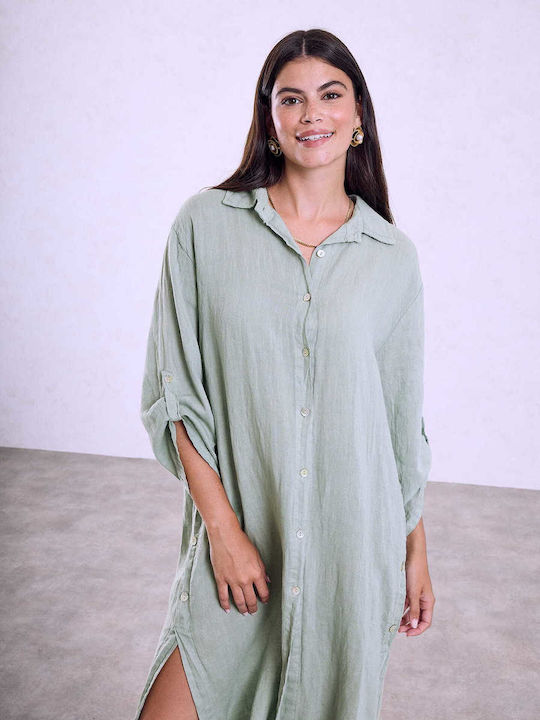 Celestino Women's Midi Linen Loose Fit Khaki Open Dress