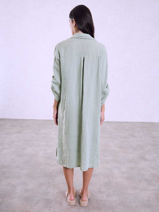 Celestino Women's Midi Linen Loose Fit Khaki Open Dress