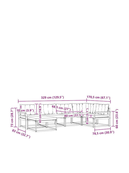 Ecksofa Outdoor Hölzernes mit Kissen 329x170.5x73cm