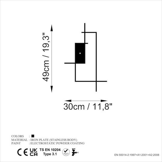 Wallity Ceas de Perete Metalic Negru 49x30cm