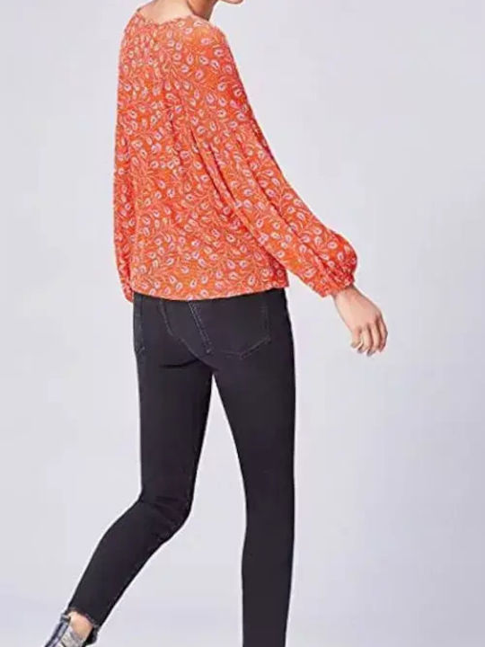 Bluza Damă Mânecă Lungă cu Decolteu în V Model Floral Portocaliu
