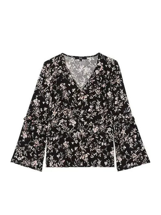 Bluza Damă Mânecă Lungă cu Decolteu în V Model Floral Neagră