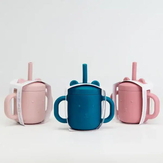 Baby Cloud Baby Cup with Handles and Straw Bear made of Silicone Pink for 6m+m+