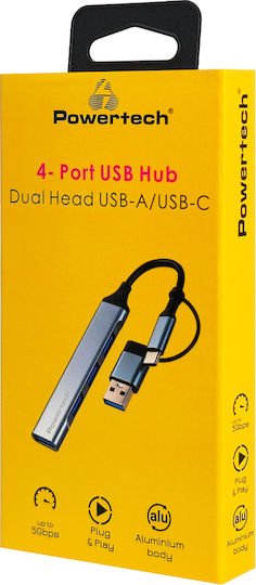 Powertech Hub 4 Ports USB 3.0 with USB-C Connection Gray