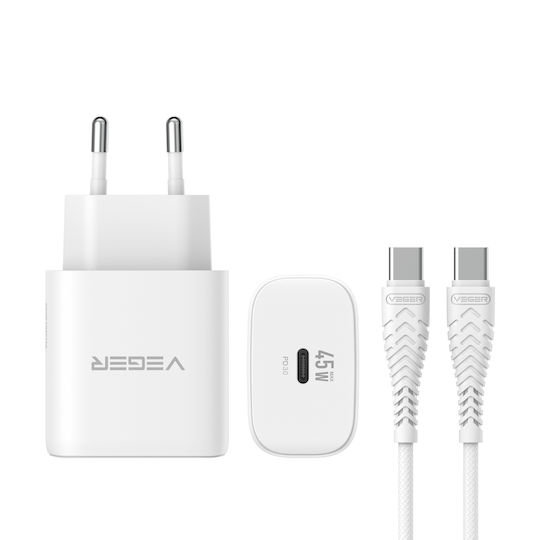Veger Încărcător GaN cu Port USB-C și Cablu USB-C - USB-C 45W Power Delivery / SuperCharge Alb (TR101-45W1C)