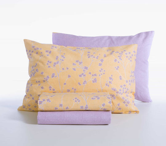 Nef-Nef Homeware Floriva Set Bed Sheets Double With Rubber Hugger 160x200+35cm Floriva Yellow 4 Pieces