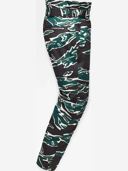Дамски Висок Текстилен Панталон с Paperbag Кройка Леопардов Dark Gray/green