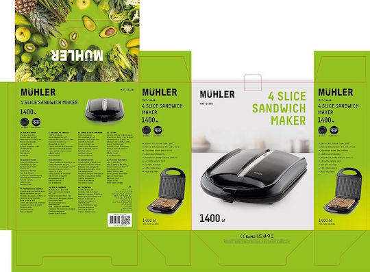 Muhler Sandwich Maker for for 4 Sandwiches Sandwiches 1400W Black