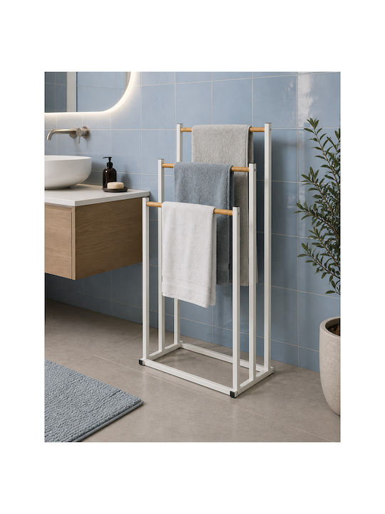 Floor Standing Bathroom Hanger 3 Positions Metallic Bamboo 45x23x85cm White Natural Mrshome Df-0030000