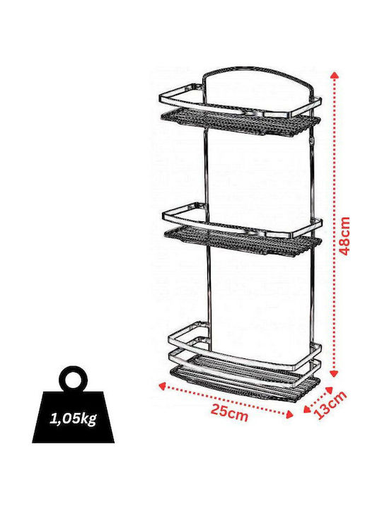 Tekno-Tel 455.BK086/ST Επιτοίχια Ραφιέρα Μπάνιου Inox με 3 Ράφια 25x13x48cm