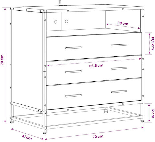 Wooden Bedroom Chest of Drawers with 3 Drawers Aged Wood 70x41x70cm