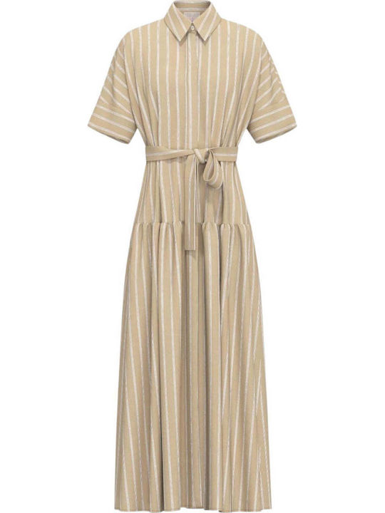 Summer Maxi Shirt Dress Short Sleeve Beige