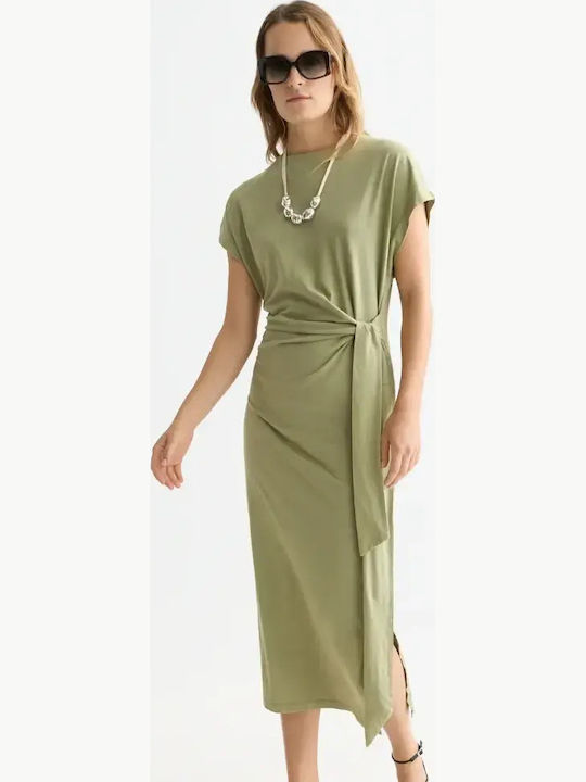 Summer Midi Dress with Tearing in Green
