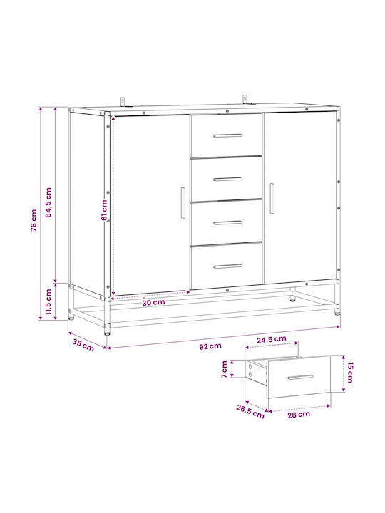 Wooden Sideboard with Drawers Oak 92x35x76cm