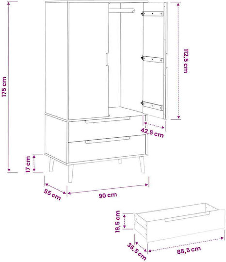 Δίφυλλη Ντουλάπα Μαύρο 90x55x175cm