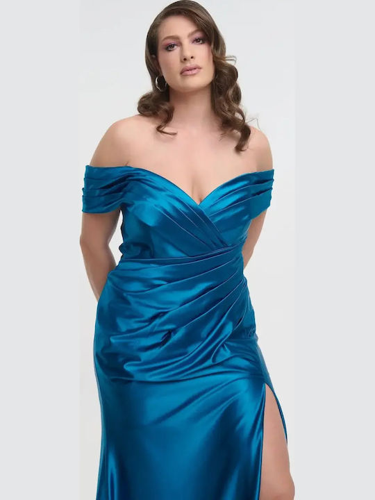 Maxi Βραδινό Φόρεμα Strapless Σατέν Κρουαζέ με Σκίσιμο Μπλέ