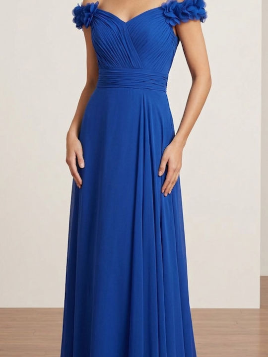 Summer Maxi Dress for Wedding Christening Strapless Off-Shoulder Blue
