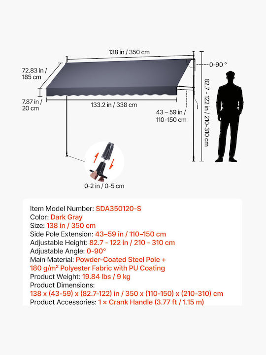Vevor Terrace Tent Grey with LEDs 3.5x1.5m