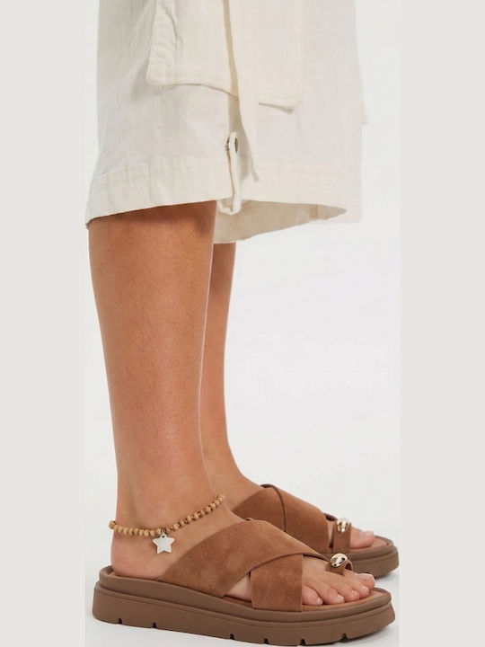Leder Flache Damen Sandalen Flatforms Tabac Braun
