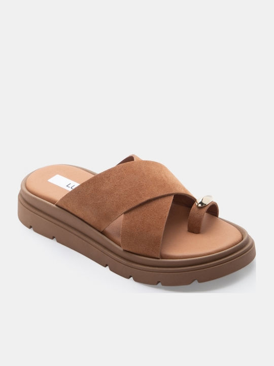 Leder Flache Damen Sandalen Flatforms Tabac Braun
