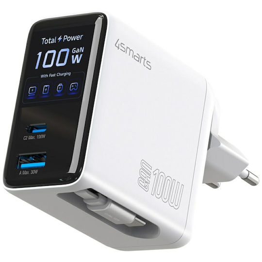4Smarts Φορτιστής GaN με Θύρα USB-A και Θύρα USB-C και Καλώδιο USB-C 100W Power Delivery Λευκός (Flex Screen AI)