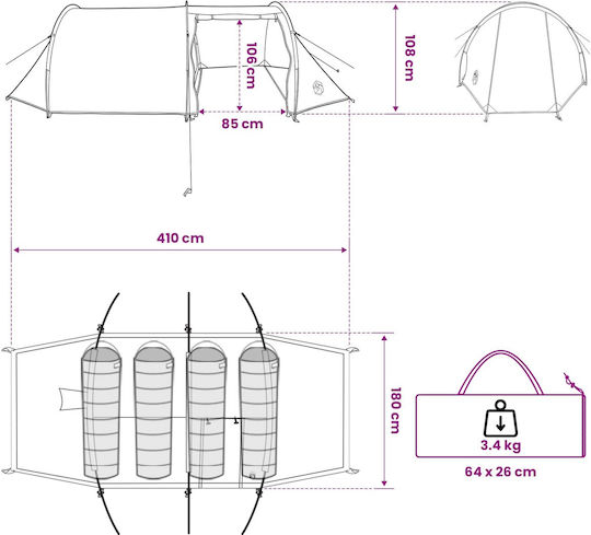 vidaXL Camping Tunnel Mountaineering Tent Green 4 Seasons Waterproof 410x175x105cm