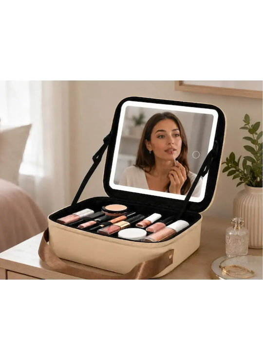 Toiletry Bag for Cosmetics with LED Mirror Hard Construction Adjustable Dividers
