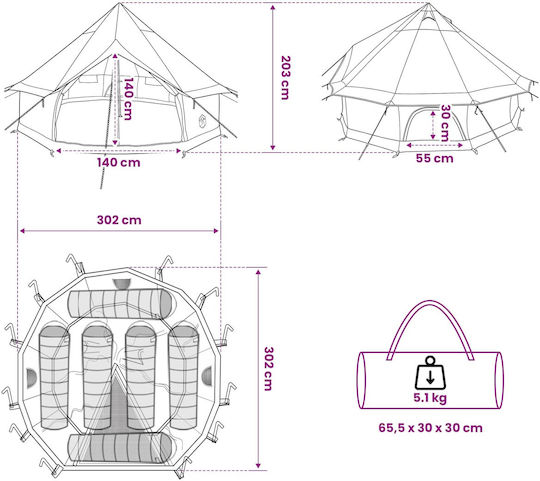 vidaXL Σκηνή Camping Teepee Γκρι 300x300x200εκ.