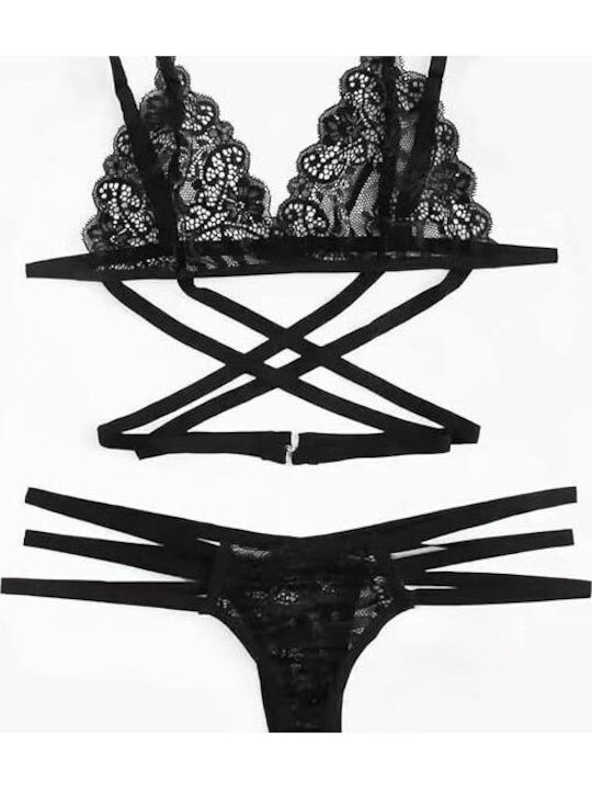 Lace Underwear Set Bra with Slip Black