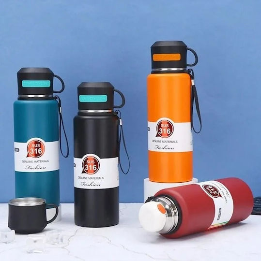 Portable Thermos Bottle Stainless Steel / Plastic 800ml Red with Handle