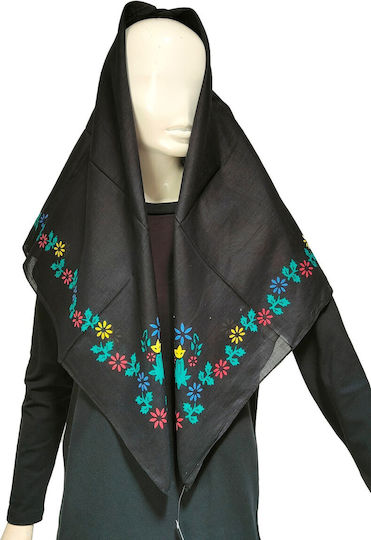 Traditional Olympus Karpathos Headscarf Black Flowers Cotton Mark222 Black