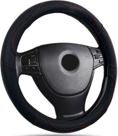 Leder Auto Lenkradabdeckung 38 Cm Schwarz Carbon Rote Naht 1 Stück