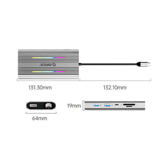 Orico XDR 12in1 RGB USB-C Docking Station with HDMI/DisplayPort 4K PD Ethernet Silver