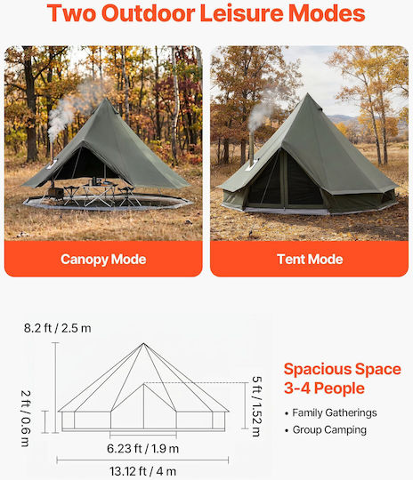 Vevor Bell Σκηνή Camping Αποθήκευσης Πράσινη με Διπλό Πανί 4 Εποχών για 4 Άτομα 400x400x250εκ.