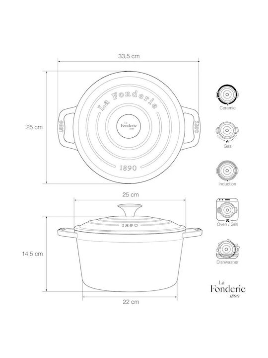 HKoenig Round Cast Iron Dutch Oven 33.5cm 4.7lt