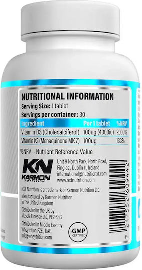 Nxt Nutrition Vitamin D3 + K2 Βιταμίνη για Ενίσχυση του Ανοσοποιητικού & την Υγεία των Οστών 4000iu 30 ταμπλέτες
