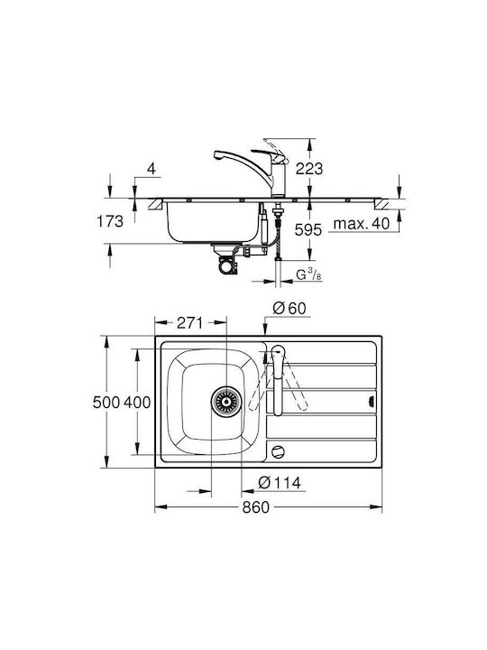 Grohe Вграден Кухненски Мивка Десен Inox със Смесител М86xШ50cm Сив