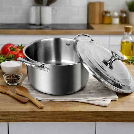 Cheffinger Stainless Steel Pot 24cm Metal Lid Reinforced Handles Silver