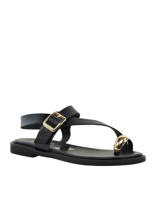 Leather Women's Flat Sandals Black 302+Black Leather