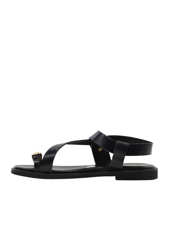 Leather Women's Flat Sandals Black 302+Black Leather