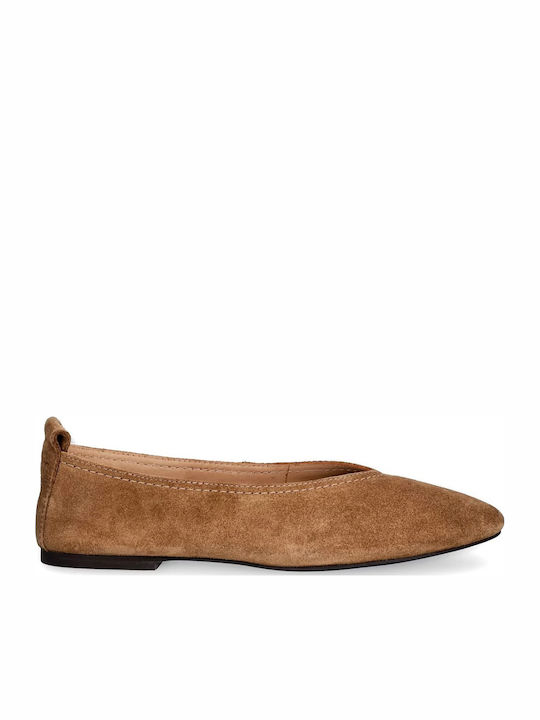 Leather Women's Pointed Toe Ballerinas in Beige Colour