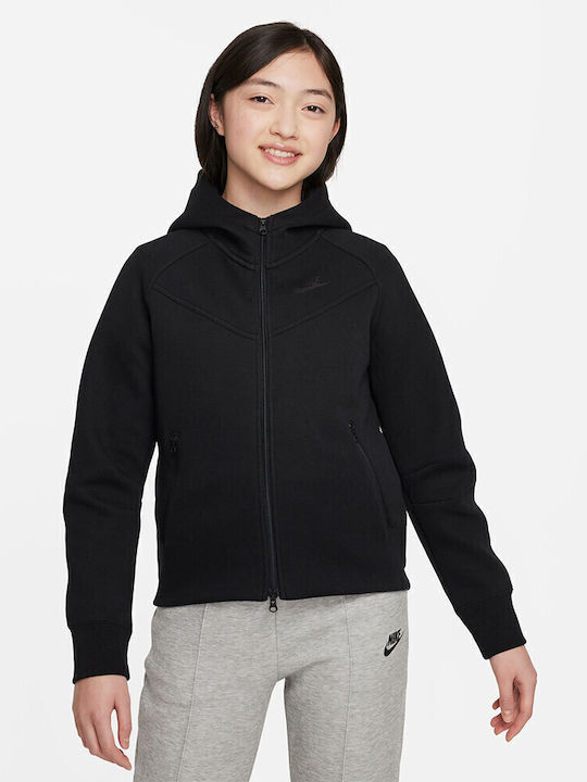 Fleece Kids Sweatshirt Cardigan with Hood and Pockets Black Sportswear Tech