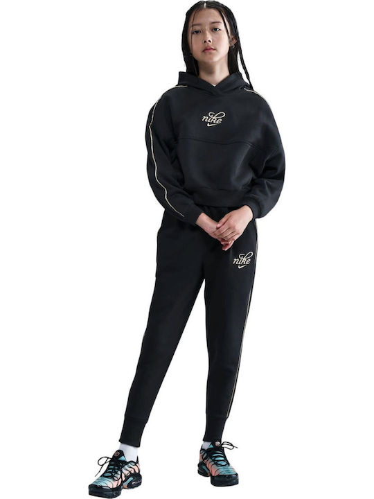Fleece Παιδικό Φούτερ Cropped με Κουκούλα Black Sportswear Club