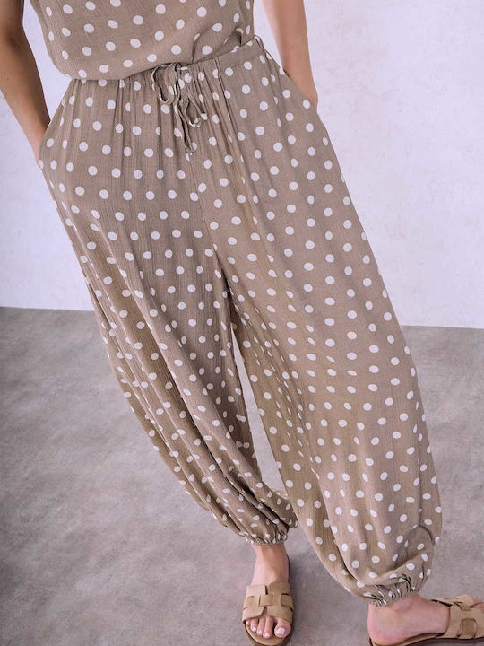 Celestino Pantaloni Dama Puncte Cu Terminatie Elastica Loose Fit Maro Deschis