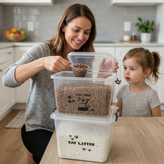 Femmit Set 2 Recipiente de Stocare pentru Hrană Uscată și Nisip de Pisică 10l Cupă de Măsurare Etanș Plastic Transparent